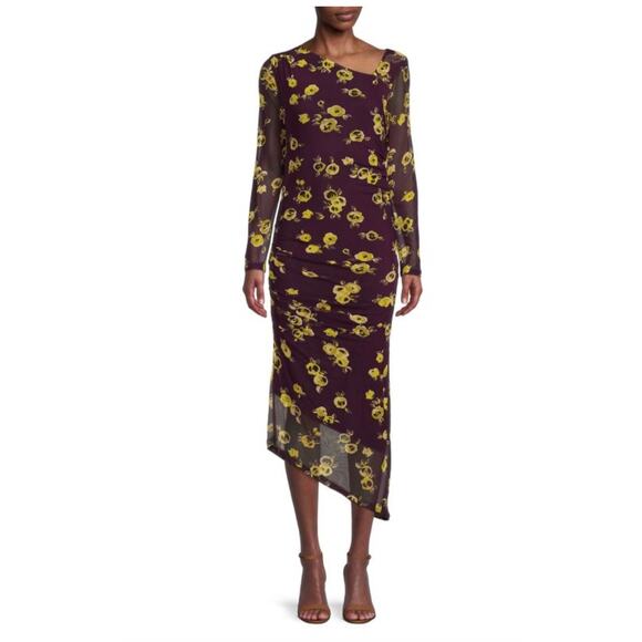 Calvin Klein Floral Ruched Mesh Midi Dress Asymmetrical Hem Purple Yellow Sz XL - Picture 1 of 15